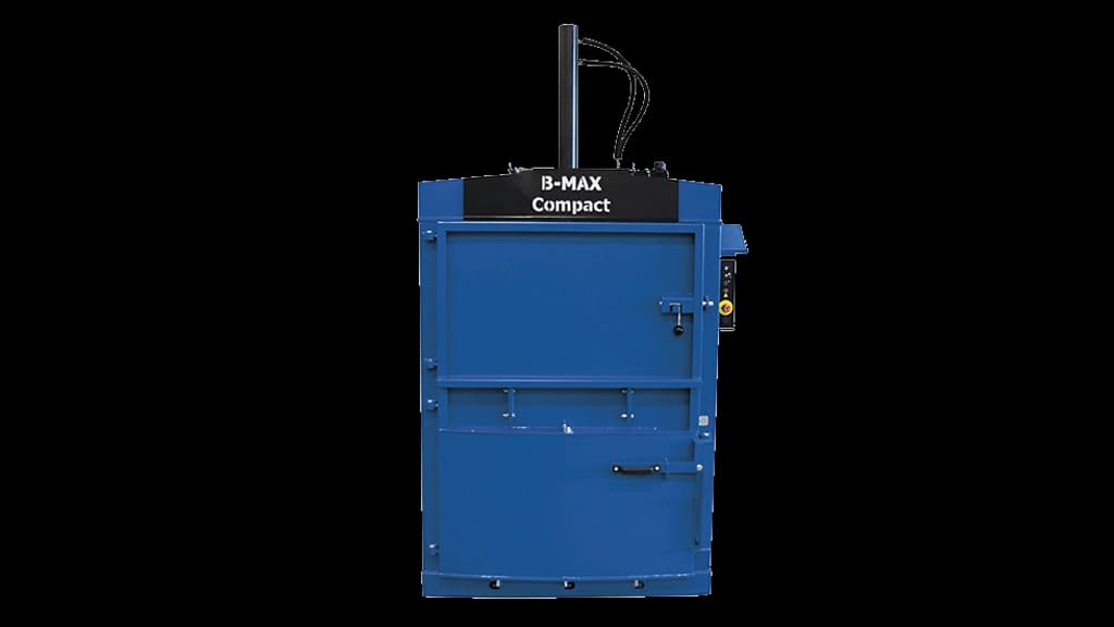 Blå B-MAX Compact emballasjepresse fra Europress. Foto.