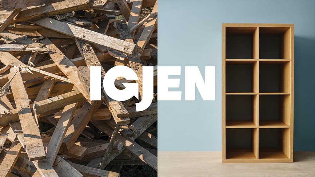 Treavfall blir til nye sponplater med teksten "igjen". Foto.
