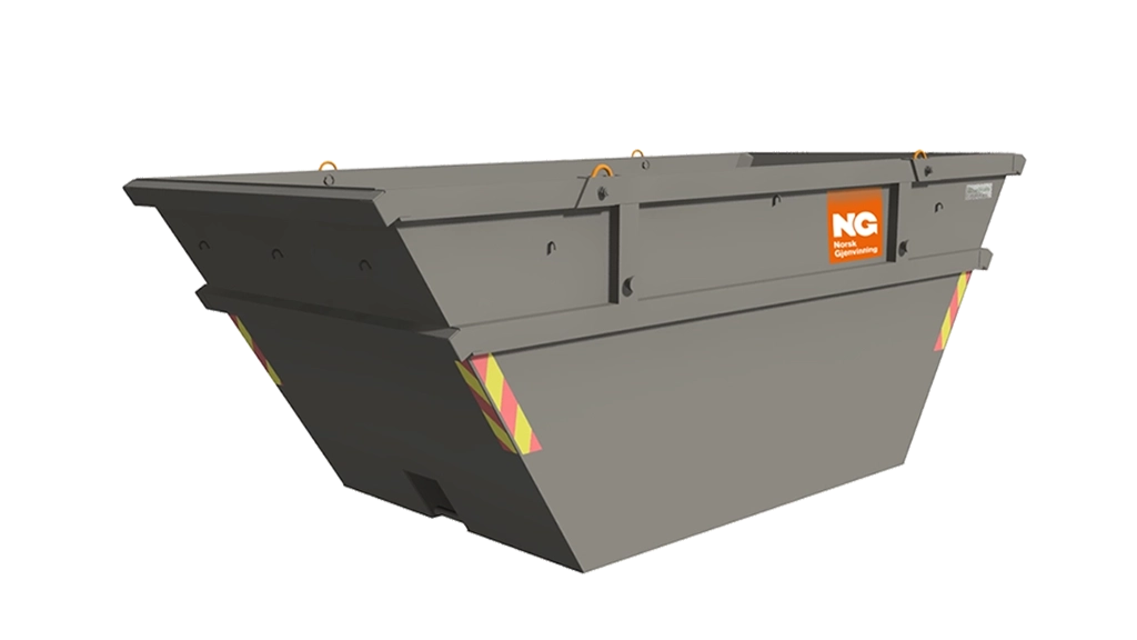 Åpen, grå container med Norsk Gjenvinning-logo. Illustrasjon.