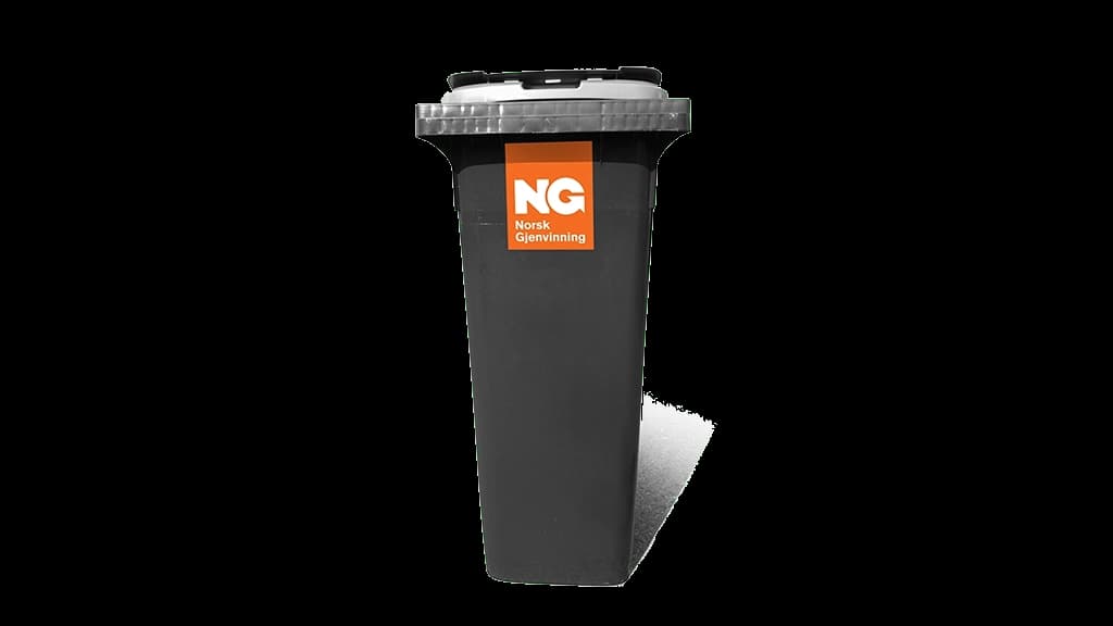 Stor grå avfallsbeholder med Norsk Gjenvinning-logo. Foto.