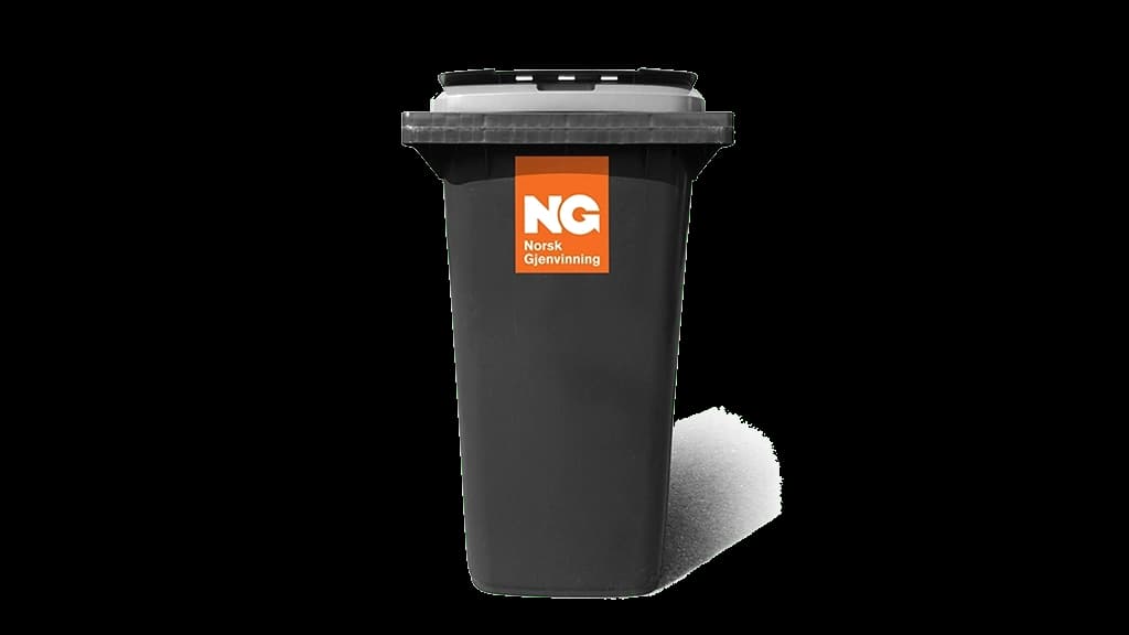 Stor grå avfallsbeholder med Norsk Gjenvinning-logo. Foto.
