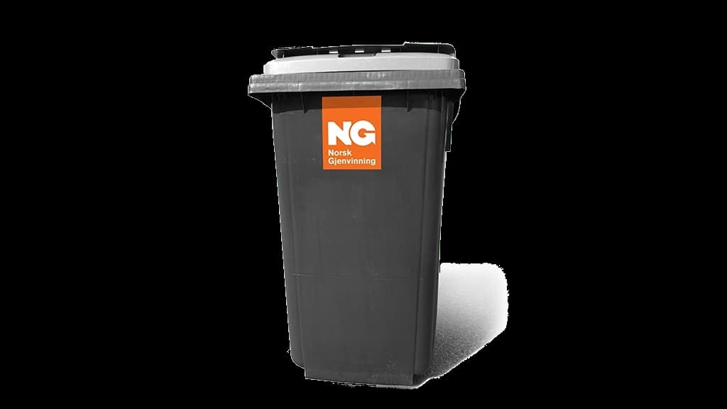 Stor grå avfallsbeholder med Norsk Gjenvinning-logo. Foto.