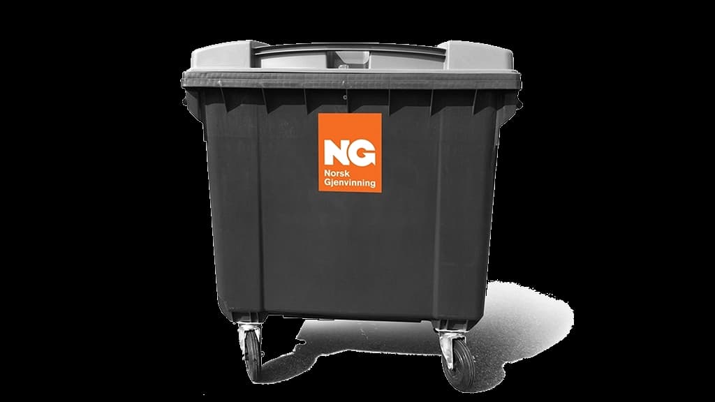 Stor grå avfallsbeholder med Norsk Gjenvinning-logo. Foto.